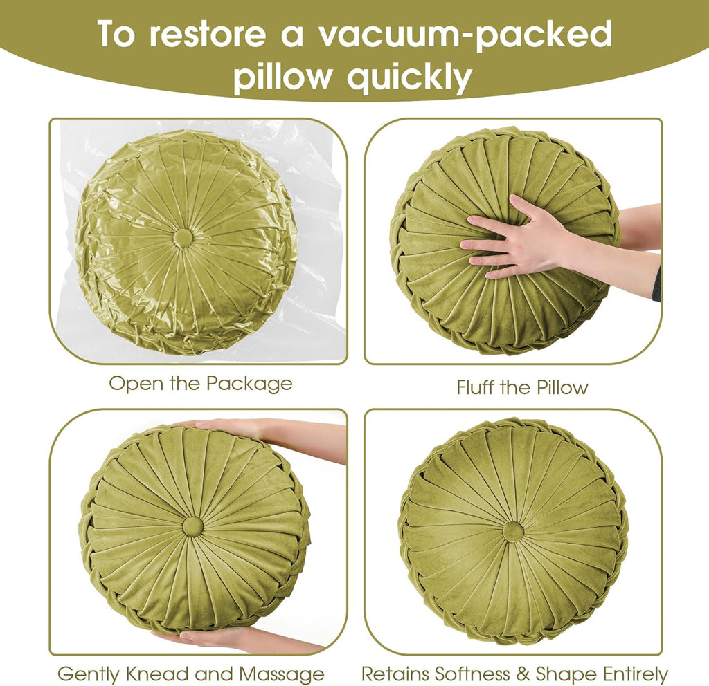ROSE&RISY Round Pleated Velvet Throw Pillow, 2 Pack Decorative Accent Pumpkin Pillow Cushion for Couch Sofa Bed, Soft Plush Retro Vanity Throw Pillows for Home Decor, 14.5 Inch, Olive Green