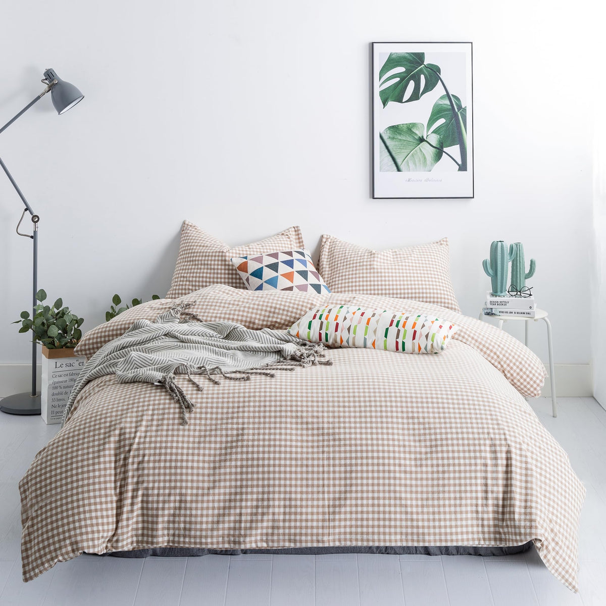 SUSYBAO Light Blue Gingham Duvet Cover Queen 100% Washed Cotton Blue Plaid Duvet Cover Set 3 Pieces 1 Blue Grid Duvet Cover with Zipper Ties 2 Pillow Cases Luxury Gingham Plaid Bedding Set Breathable
