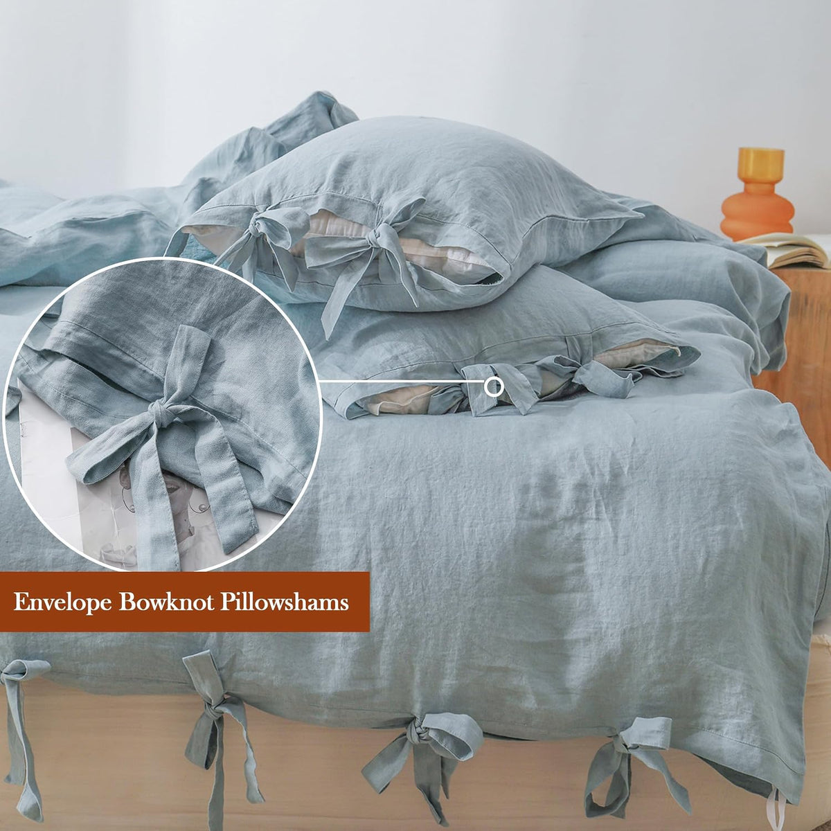 Simple&Opulence 100% Linen Duvet Cover Set, 3 Pieces Belgian Flax Breathable Bedding, King Size 104''x92'' (1 Comforter Cover+2 Pillowshams) with Tie Closure Style,Dusty Blue