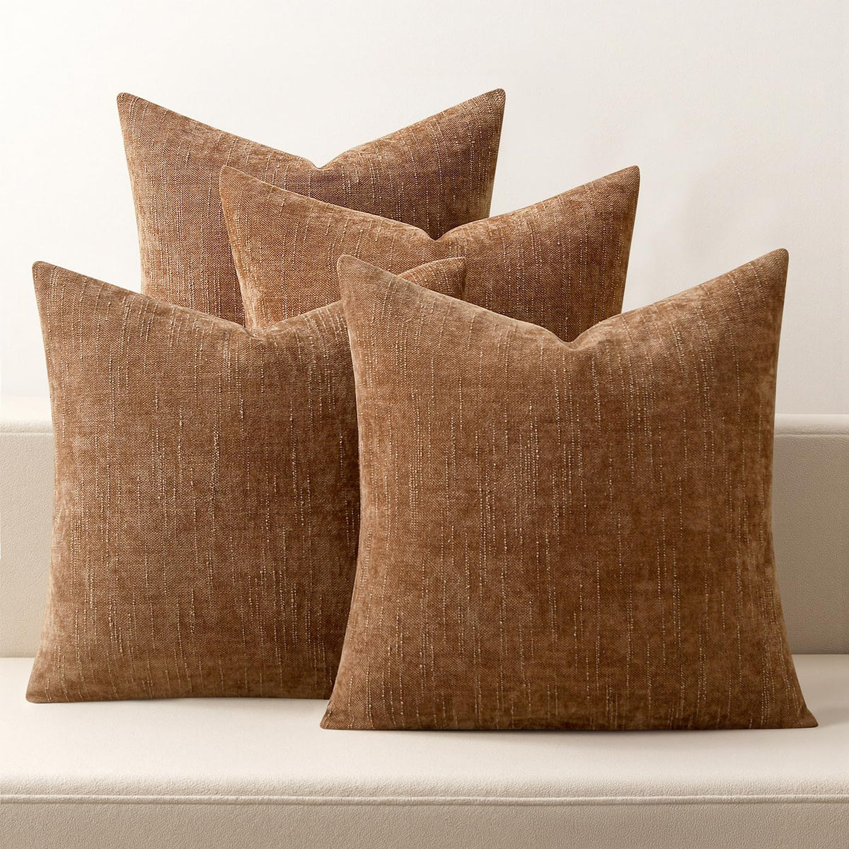 MIULEE Pack of 4 Fall Decorative Throw Pillow Covers 18x18 Inch Chenille Textured Throw Pillows Boho Farmhouse Cushion Covers Vintage Home Decor for Couch Sofa Bed Living Room，Beige Taupe Brown