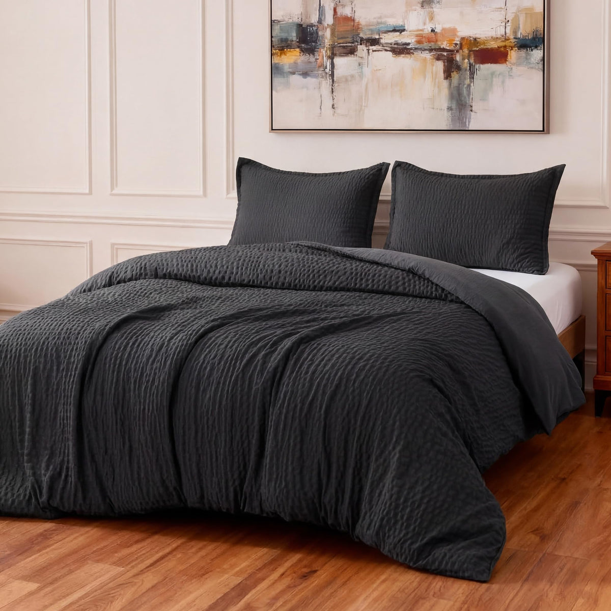 Amazon Basics Duvet Cover Set with Jacquard Geometric Pattern, 3-Piece with 1 Duvet Cover and 2 Pillow Shams, Comforter Not Included, Queen, Dark Gray