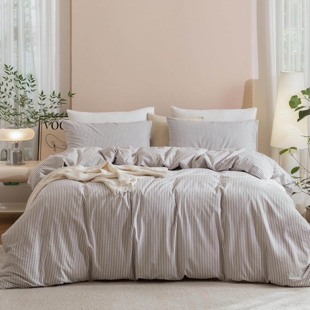 JIYUAN Queen Washed Cotton Duvet Cover Set, 3-Piece, Relaxed Linen Feel