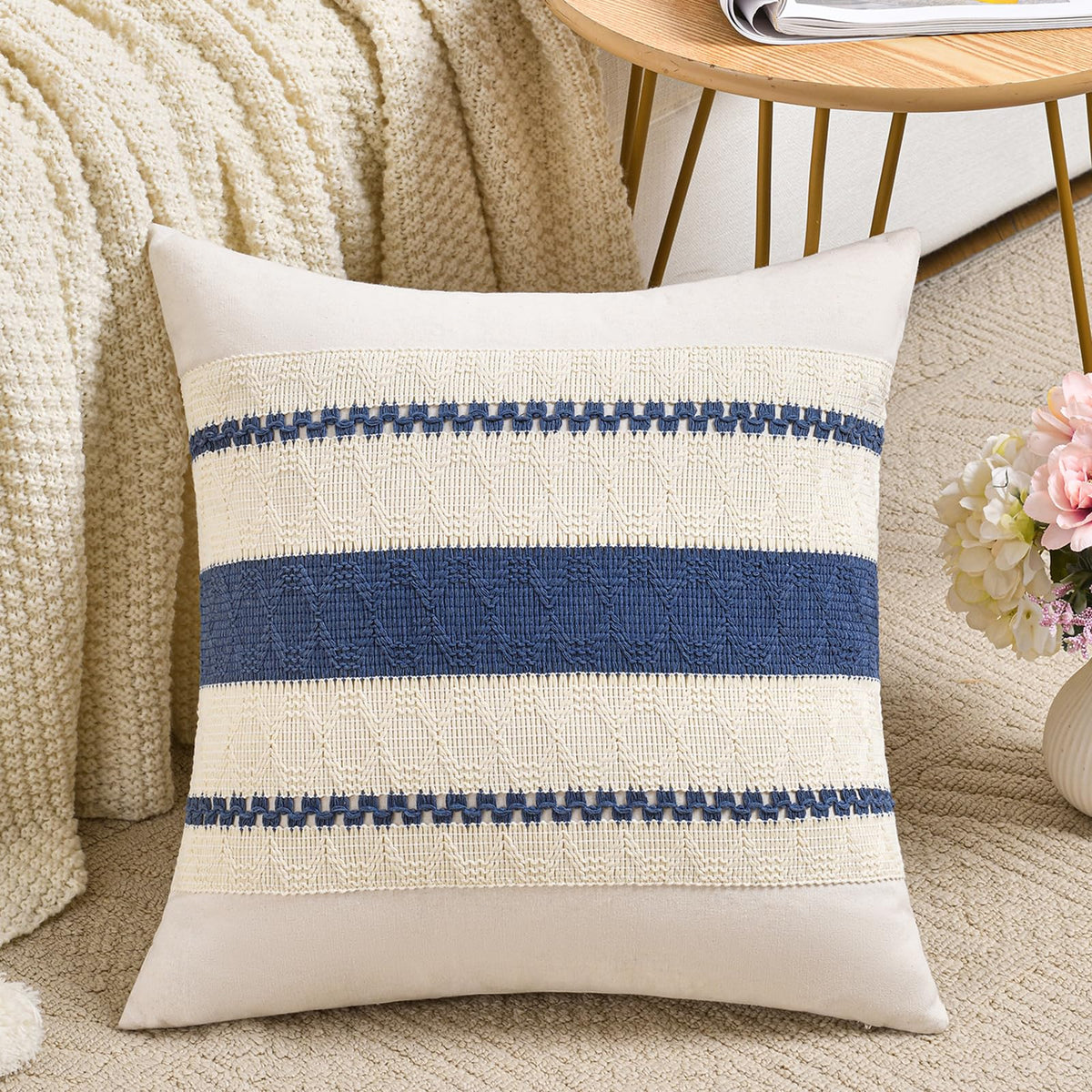 Fancy Homi Set of 1 Navy Blue Lumbar Decorative Throw Pillow Covers 12x20 Inch for Couch Bed Sofa Living Room, Soft Cotton blend Woven Textured Cushion Case