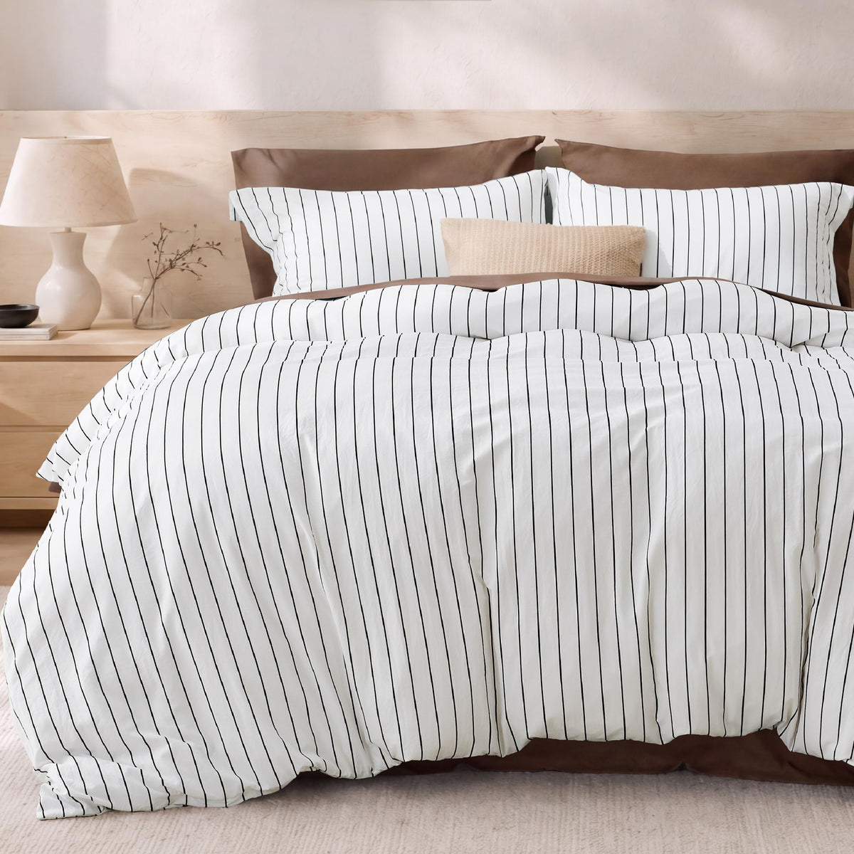 Bedsure Gingham Duvet Cover Set Cotton-Like Bedding Queen Size, Brown