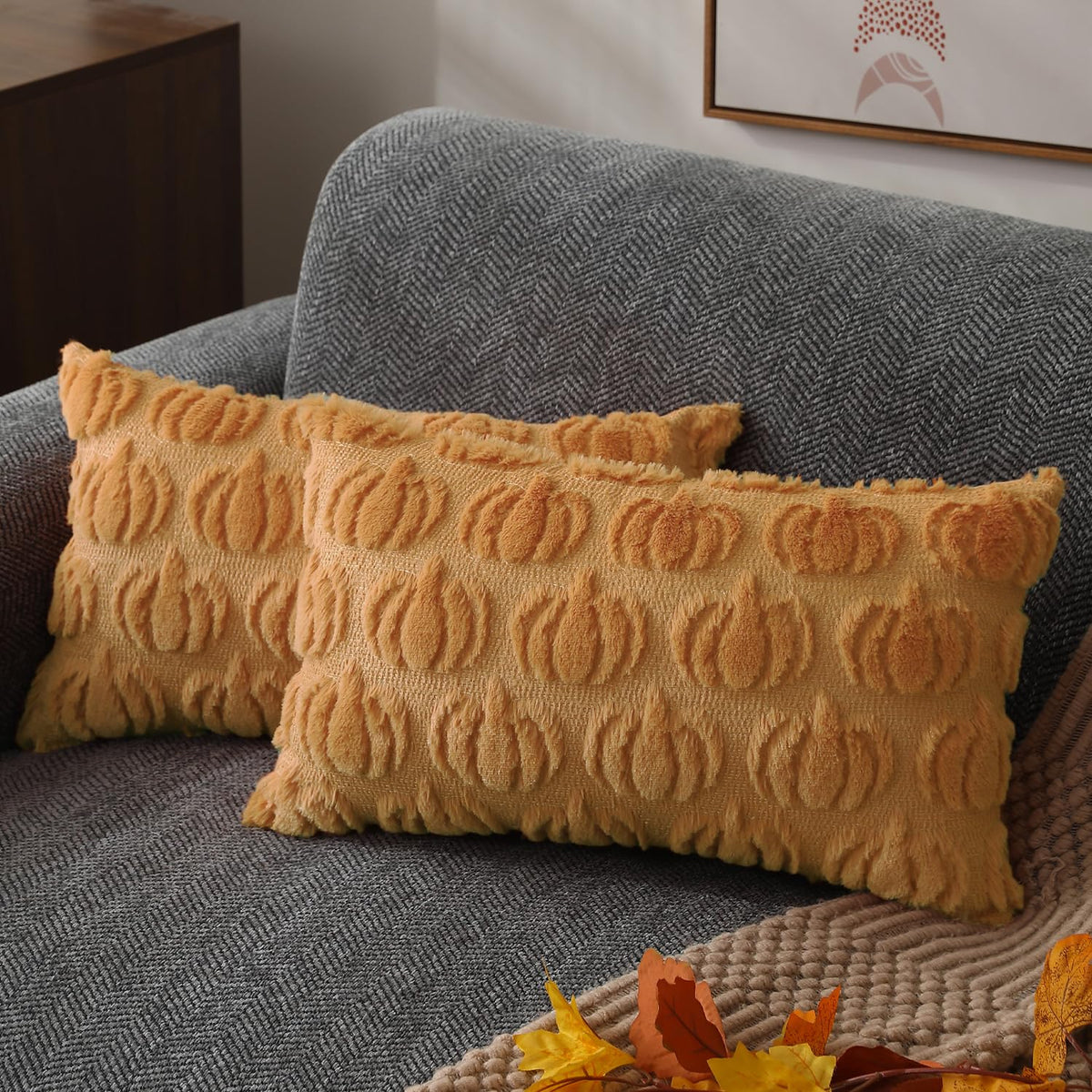 DFXSZ Fall Pillow Covers 18x18 2Pcs Beige Pumpkin Fall Decorations for Home