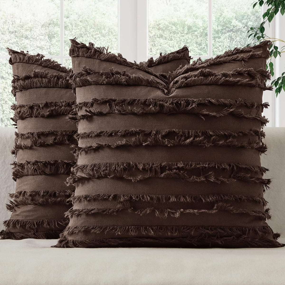MIULEE Boho Linen Striped Throw Pillow Covers 18x18, Neutral Beige