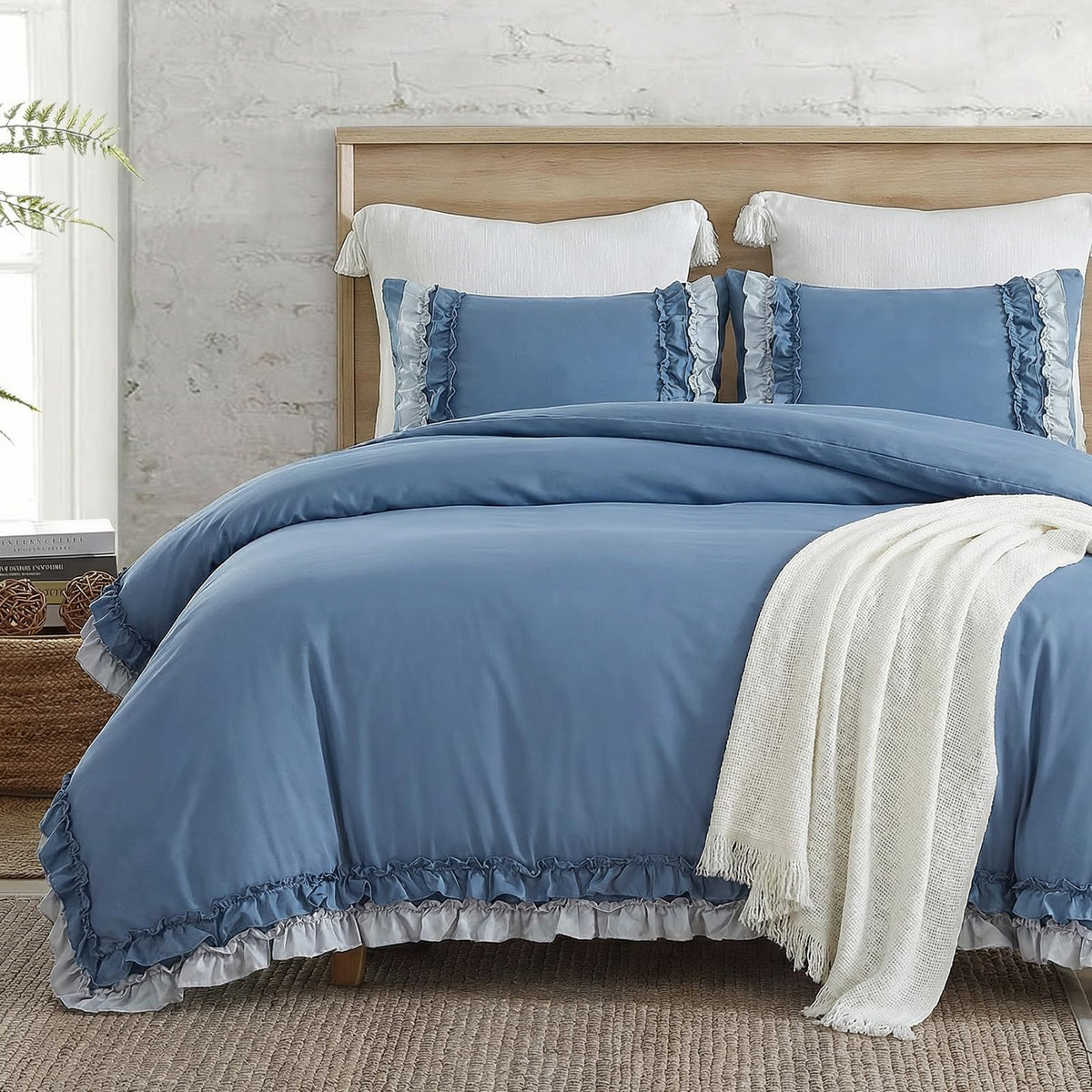 Bedorm Beige Duvet Cover Set Queen Ruffle Bedding Set Pleat Ruffled Shabby Chic Comforter Cover Extra Soft & Easy Care White Boho Duvet Cover with Zipper Closure