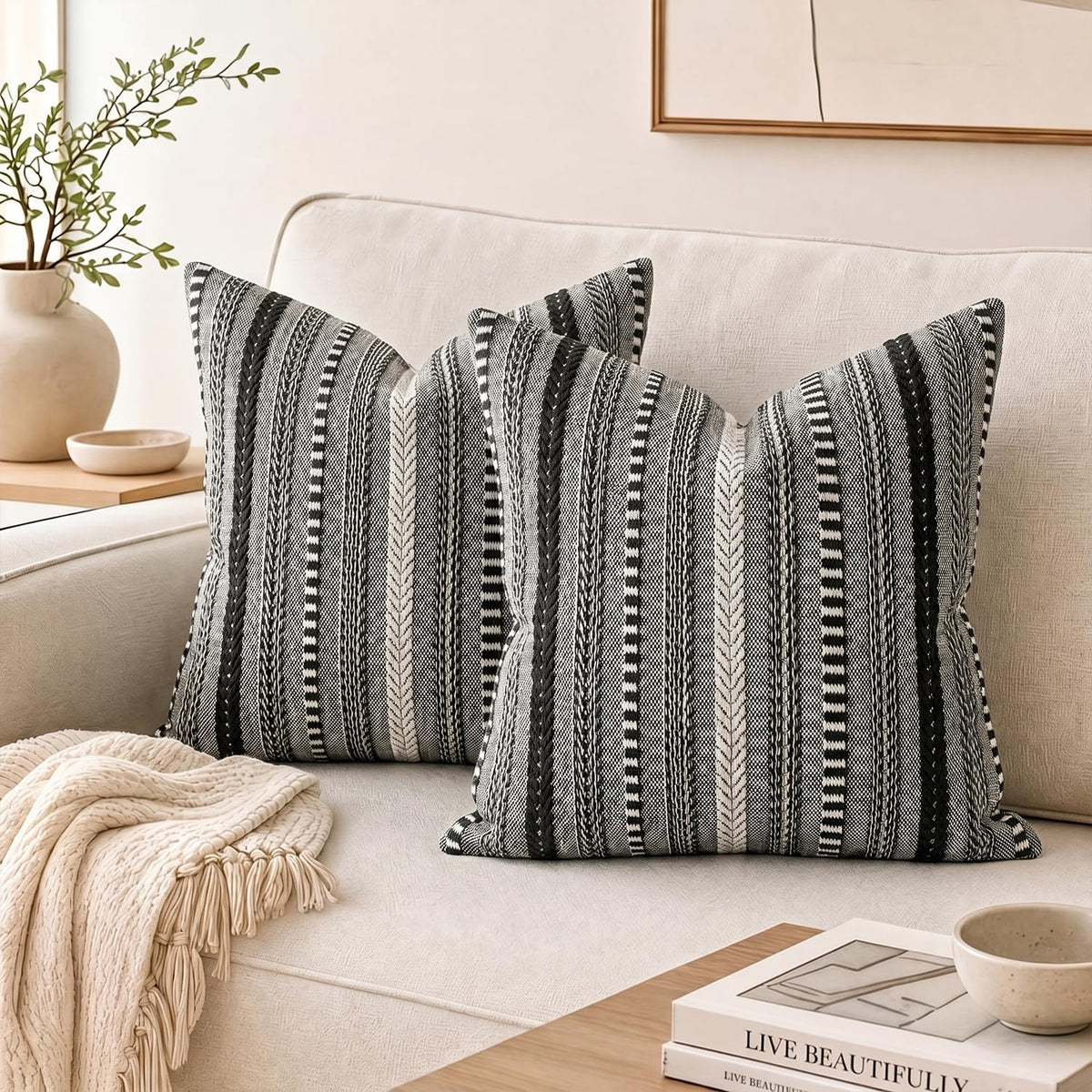 AVOIN colorlife Pink Boho Decorative Throw Pillow Covers Set of 2, 18 x 18 Inch Woven Stripe Textured Rustic Cushion Case Home Decor for Living Room Couch Sofa