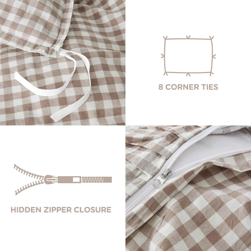 ATsense Tan Gingham Ruffle Duvet Cover Bedding Set Cotton Like Linen, Queen