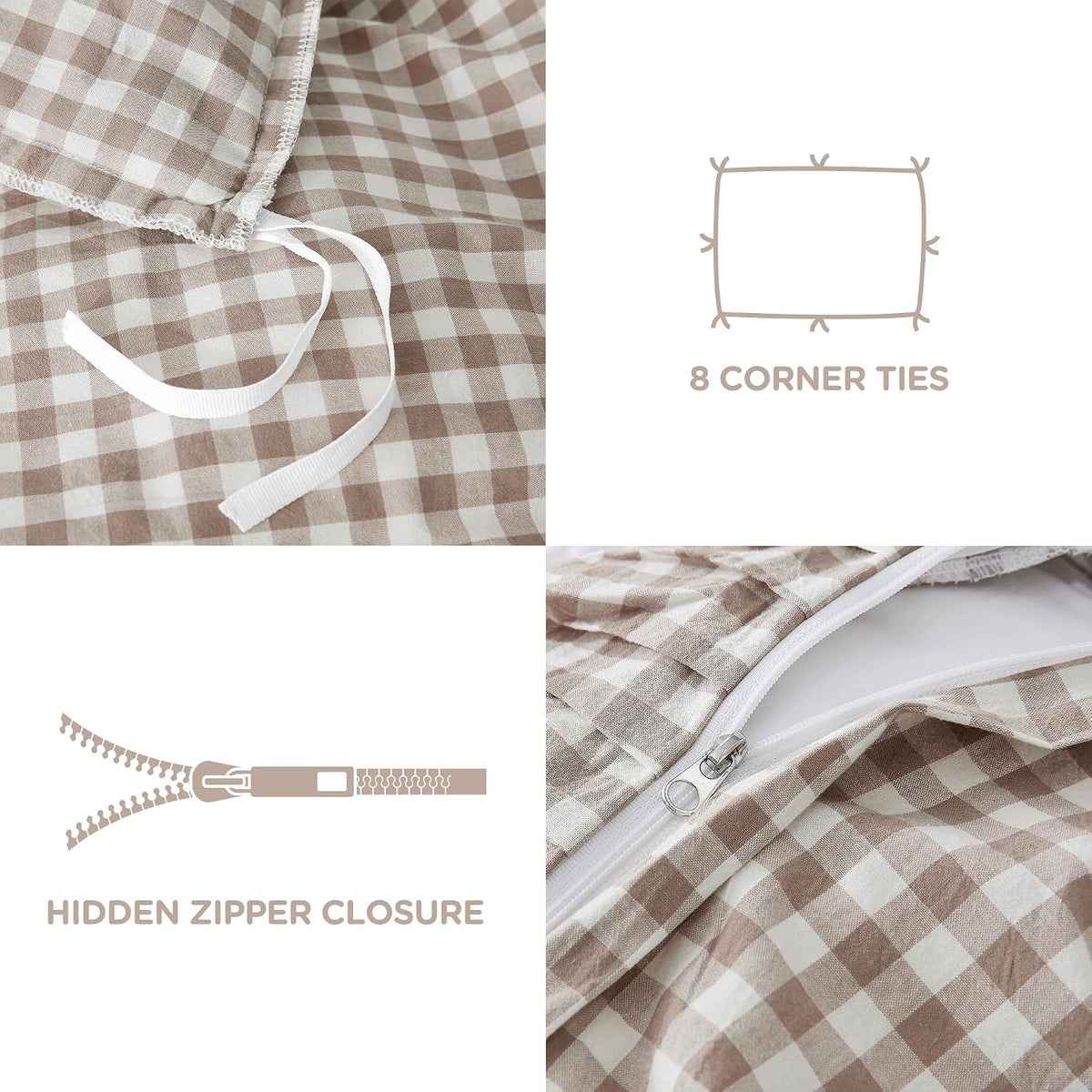 ATsense Tan Gingham Ruffle Duvet Cover Bedding Set Cotton Like Linen, Queen