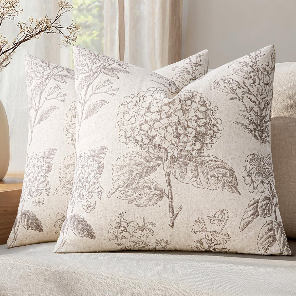 Set of 2 Decorative Floral Pillow Covers 18x18 Inch Light Brown