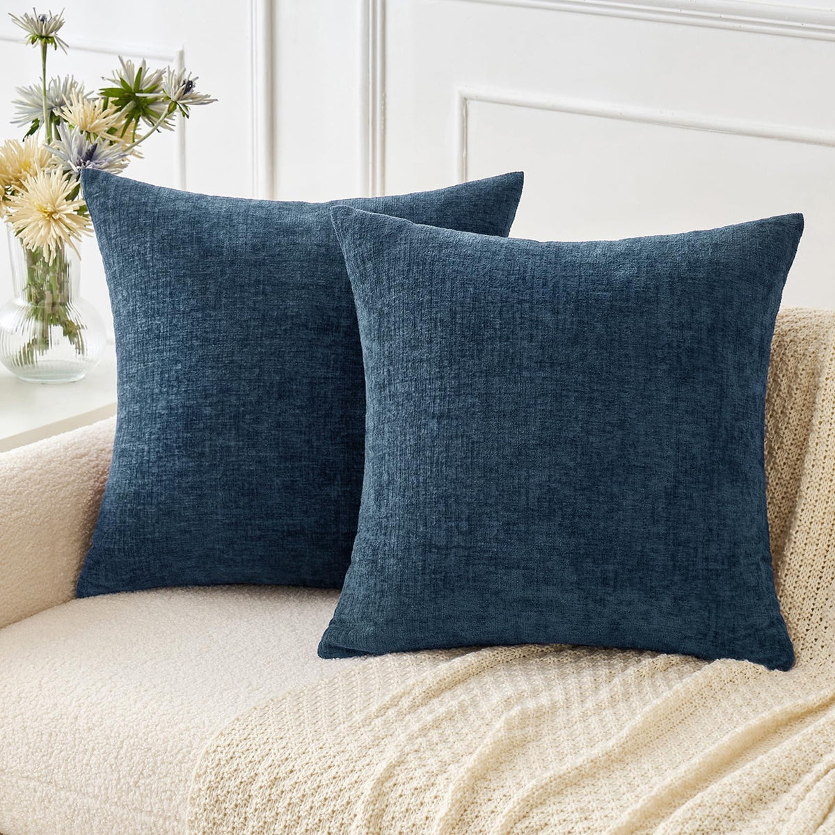 MIULEE Soft Chenille Throw Pillow Covers Teal 18x18 Inch Pack of 2