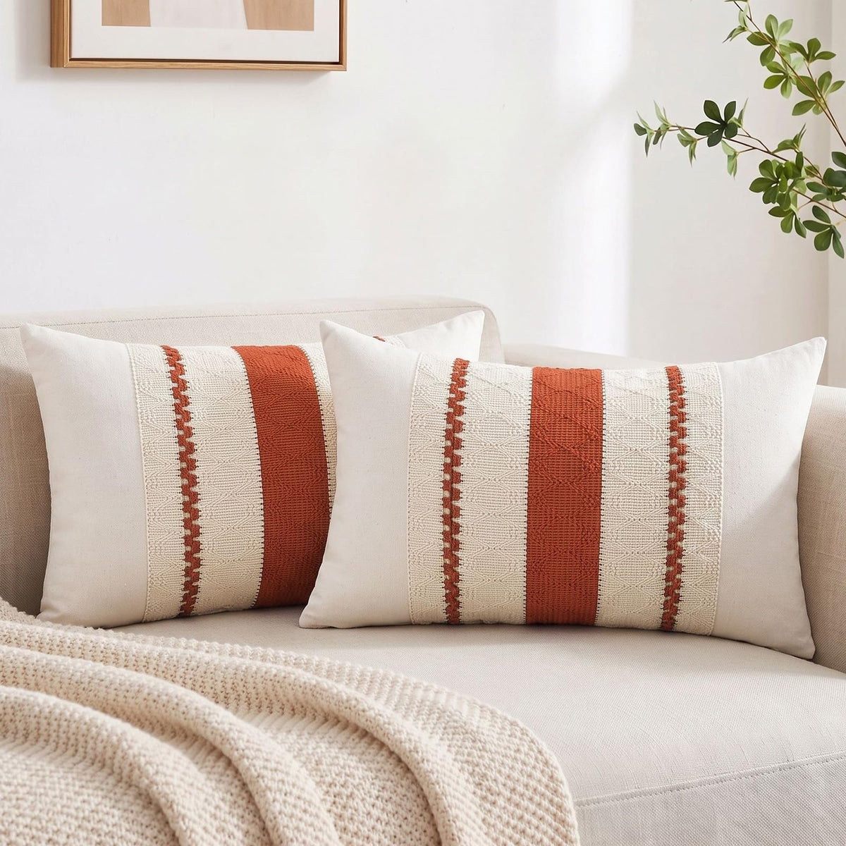 Fancy Homi Set of 2 Rust Boho Decorative Throw Pillow Covers 18x18 Inch for Couch Bed Sofa, Aesthetic Modern Organic Fall Room Decor, Soft Cotton Cute Terracotta Textured Farmhouse Cushion Case