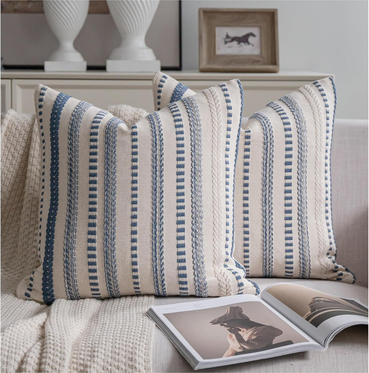 Cethom Blue and Beign Boho Throw Pillow Covers 18x18 Inch Set of 2, Stripe Textured Decorative Couch Pillow Cases for Bed, Sofa, Living Room, Bedroom, Farmhouse Home Accent Cushion Covers