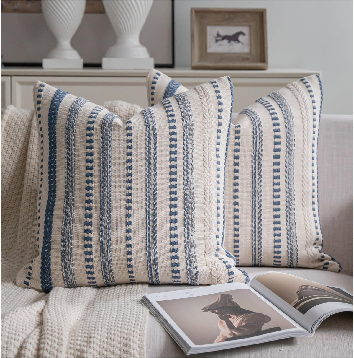 Cethom Blue and Beign Boho Throw Pillow Covers 18x18 Inch Set of 2, Stripe Textured Decorative Couch Pillow Cases for Bed, Sofa, Living Room, Bedroom, Farmhouse Home Accent Cushion Covers