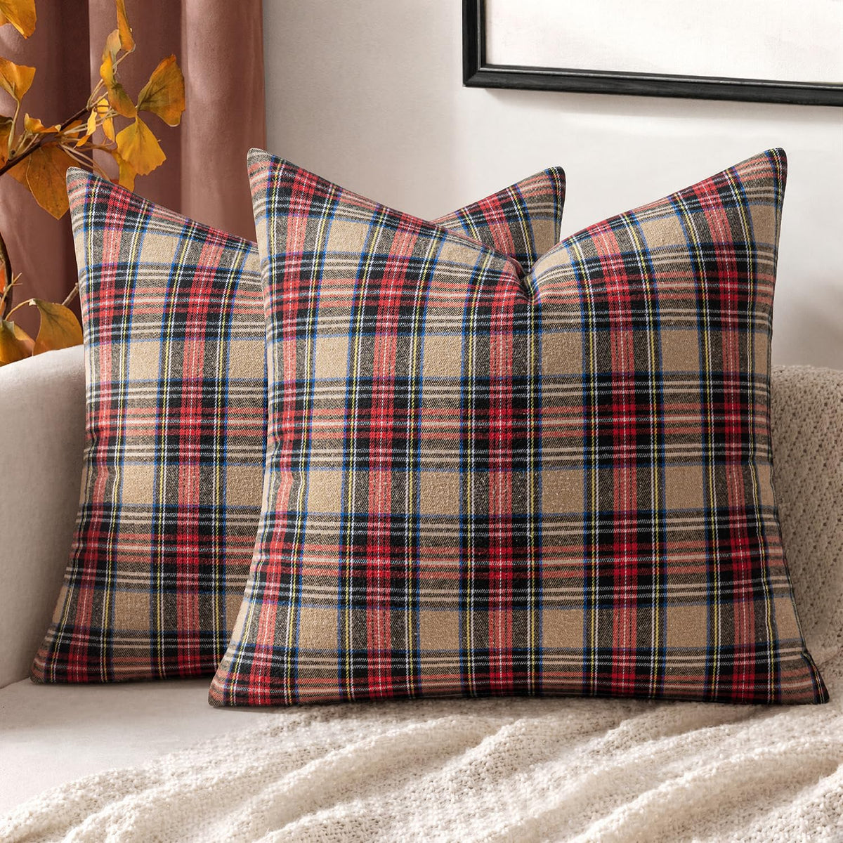 MIULEE Fall Plaid Pillow Covers Scottish Tartan 18x18 Terracotta Brown