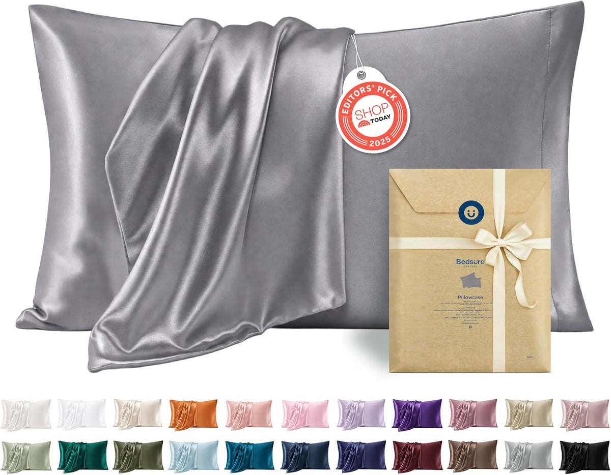 Bedsure Satin Pillowcases Queen Set of 2, Silky Pillow Cases, Dark Grey