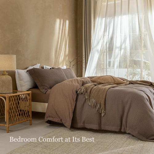 3Pcs Brown Waffle Cotton Duvet Cover Set King 104 x 90