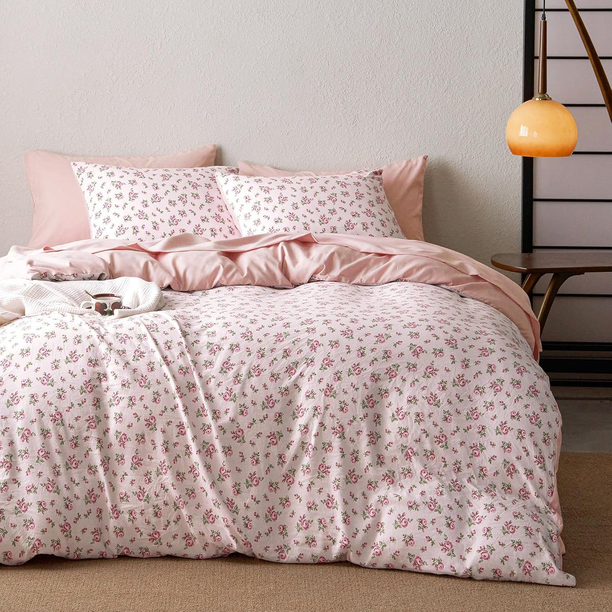 Wake In Cloud - Coquette Duvet Cover Set, Floral Cottagecore Flower Shabby Chic Cute Aesthetic, Soft Lightweight Bedding for Women Teen Girls, 3-Piece, Pink, Queen Size