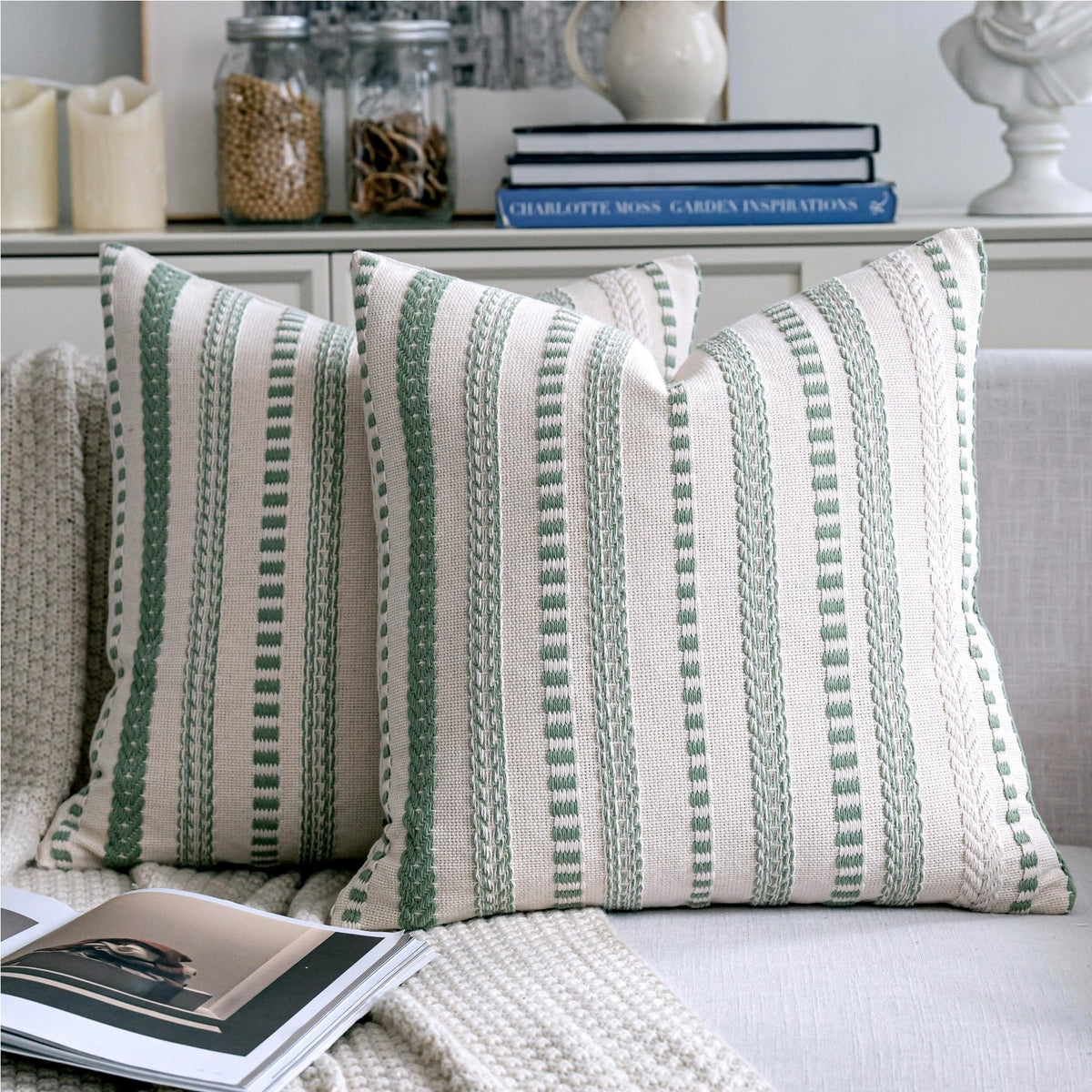 Cethom Blue and Beign Boho Throw Pillow Covers 18x18 Inch Set of 2, Stripe Textured Decorative Couch Pillow Cases for Bed, Sofa, Living Room, Bedroom, Farmhouse Home Accent Cushion Covers