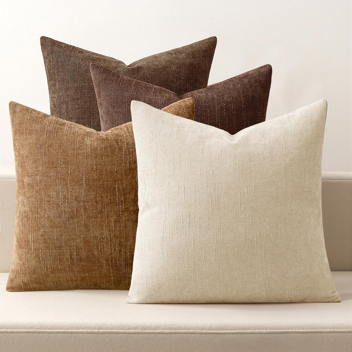 MIULEE Pack of 4 Fall Decorative Throw Pillow Covers 18x18 Inch Chenille Textured Throw Pillows Boho Farmhouse Cushion Covers Vintage Home Decor for Couch Sofa Bed Living Room，Beige Taupe Brown