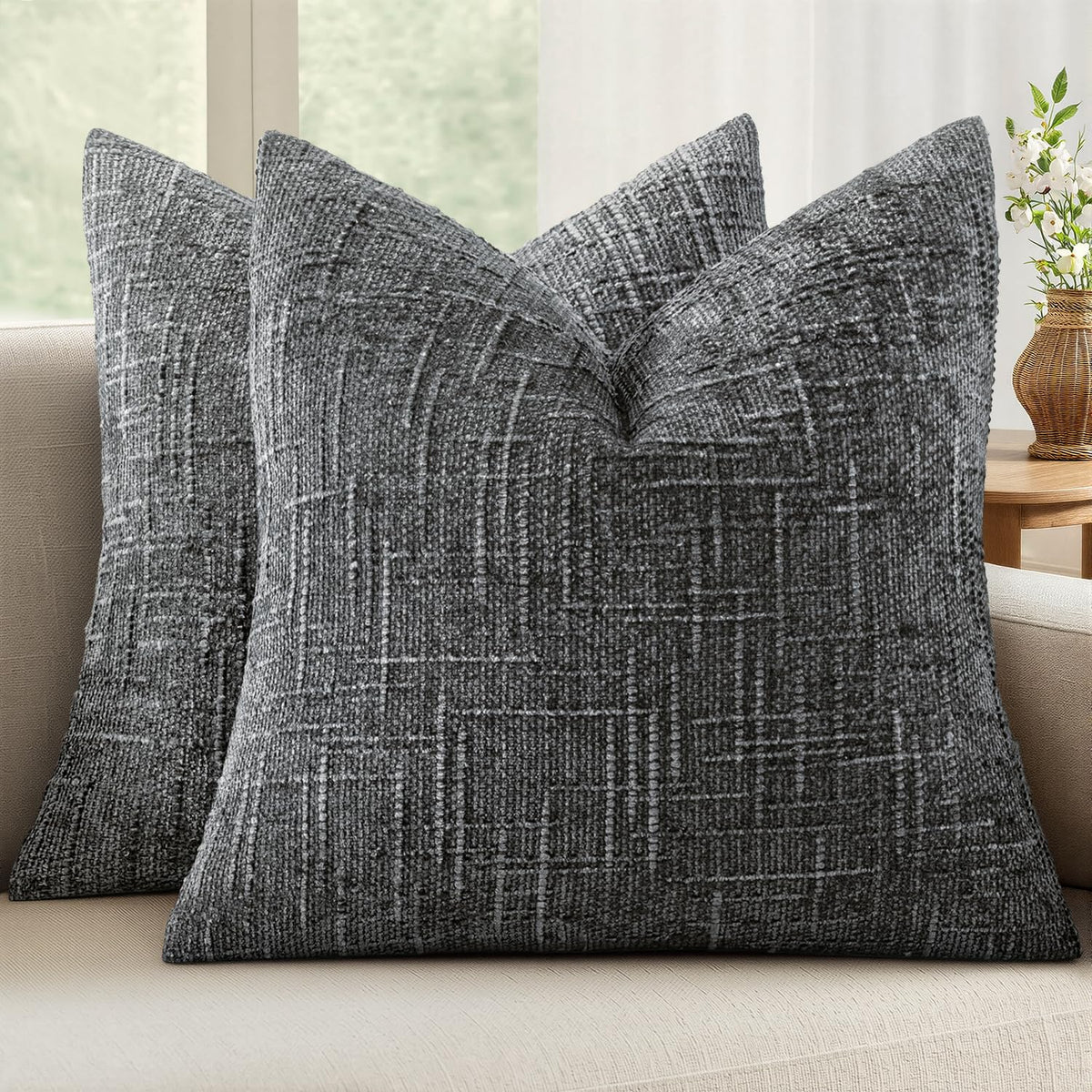 MIULEE Chenille Textured Throw Pillow Covers Cream White 20x20 Set of 2