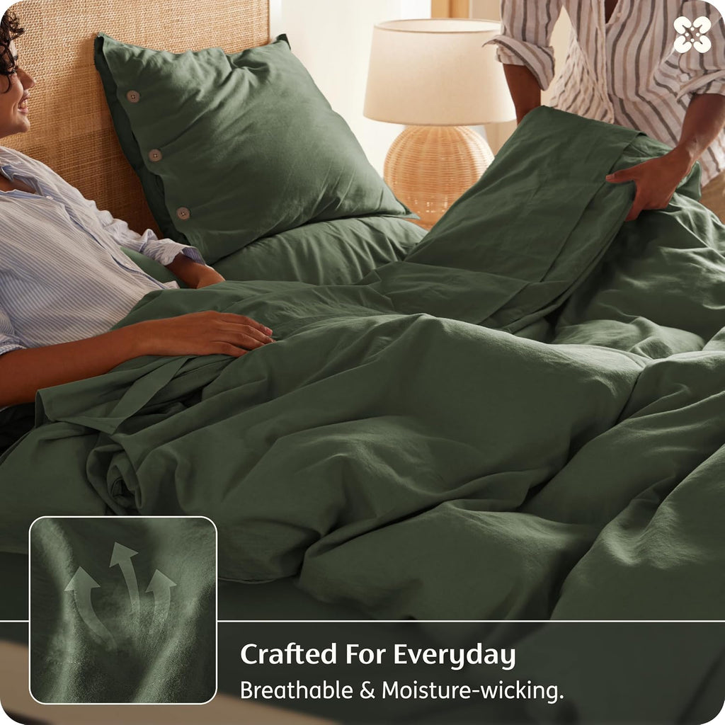 Bedsure PureWoven Linen Duvet Cover Queen, Linen Cotton Blend, Olive Green