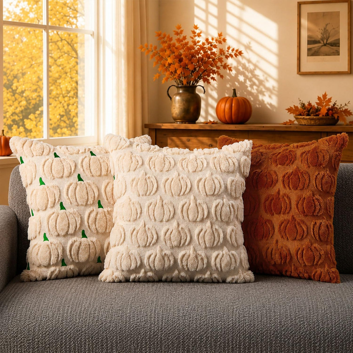 DFXSZ Fall Pillow Covers 18x18 2Pcs Beige Pumpkin Fall Decorations for Home