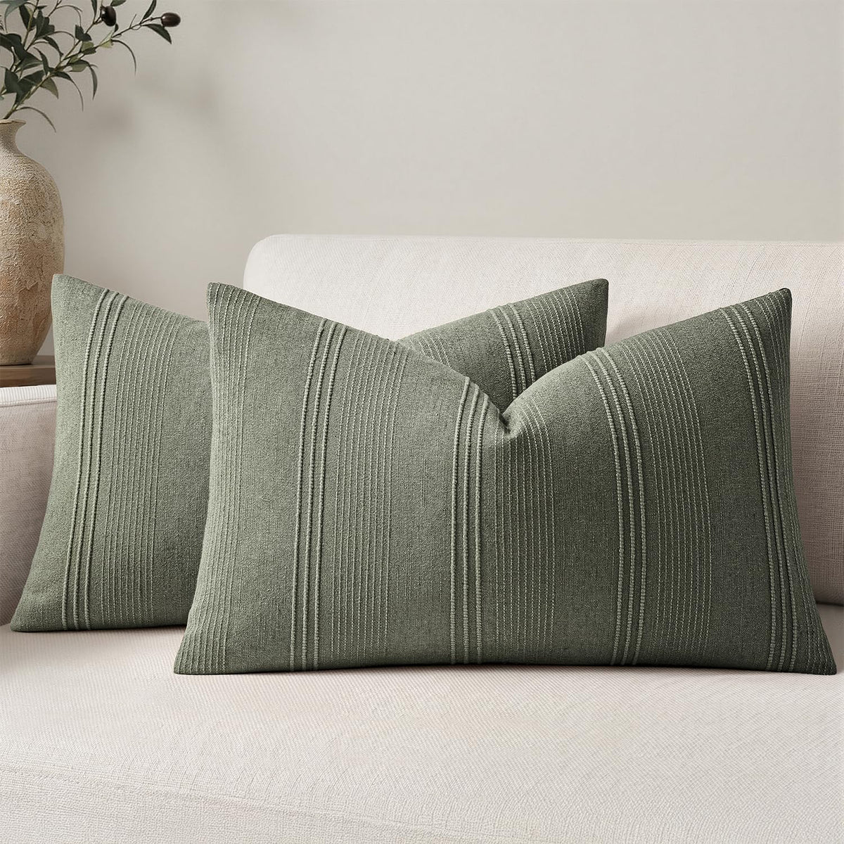 MIULEE Decorative Striped Throw Pillow Covers 18x18 in Natural Beige 2 Pack