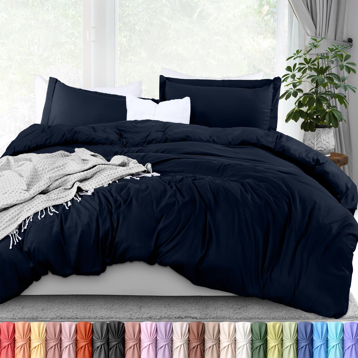 Duvet Cover Queen, 3 Piece Cotton Like Polyester with Zipper Closure, Black