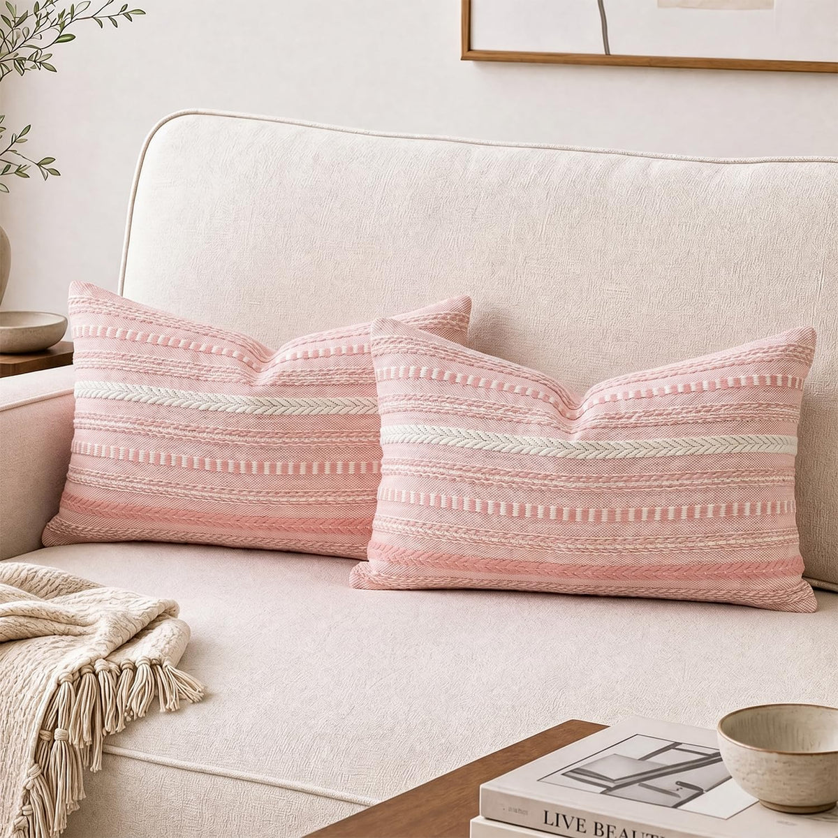AVOIN colorlife Pink Boho Decorative Throw Pillow Covers Set of 2, 18 x 18 Inch Woven Stripe Textured Rustic Cushion Case Home Decor for Living Room Couch Sofa