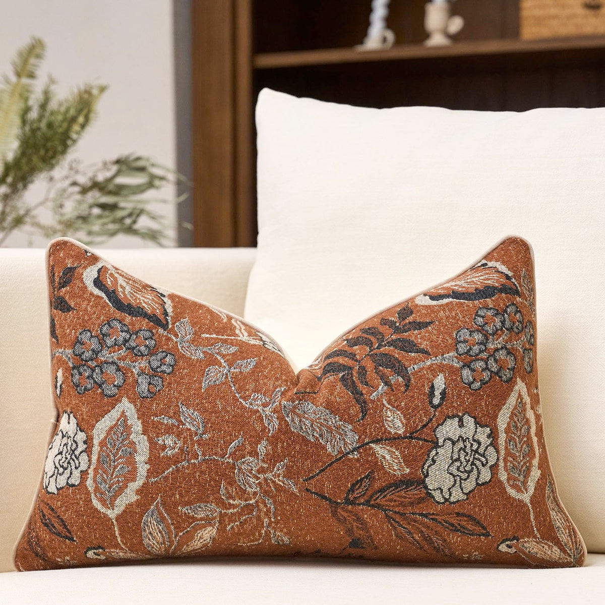 Green Floral Textured Throw Pillow Cover 18x18 Fall Vintage Rust Pillow Cover Farmhouse Summer Leaf Cushion Cover Chenille Neutral Flower Pillowcase Home Decor for Sofa Living Room Bedding