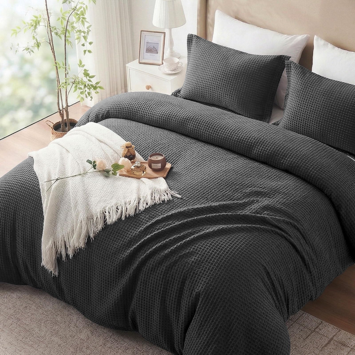 100% Cotton King Size Duvet Cover Set with 2 Pillow Shams, Black