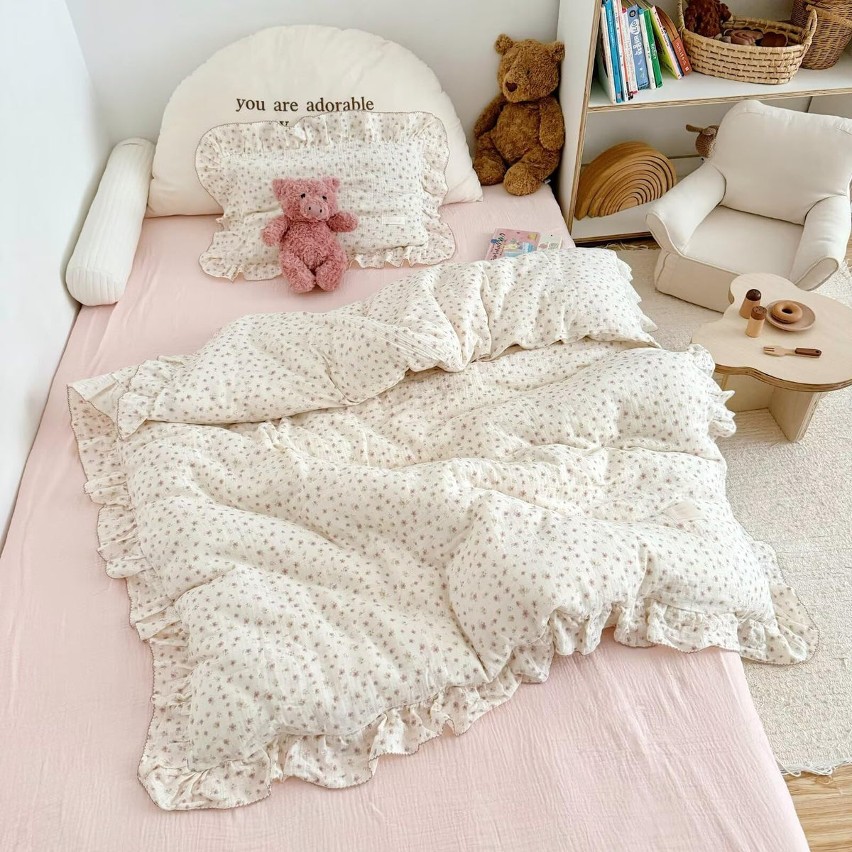 BuLuTu 100% Cotton Muslin Duvet Cover Twin for Kids Girls Boys, Shabby Chic Azalea Floral Duvet Covers Vintage Farmhouse Comforter/Quilt Cover with Ruffles, 68"x86", Zipper Closure, No Pillow