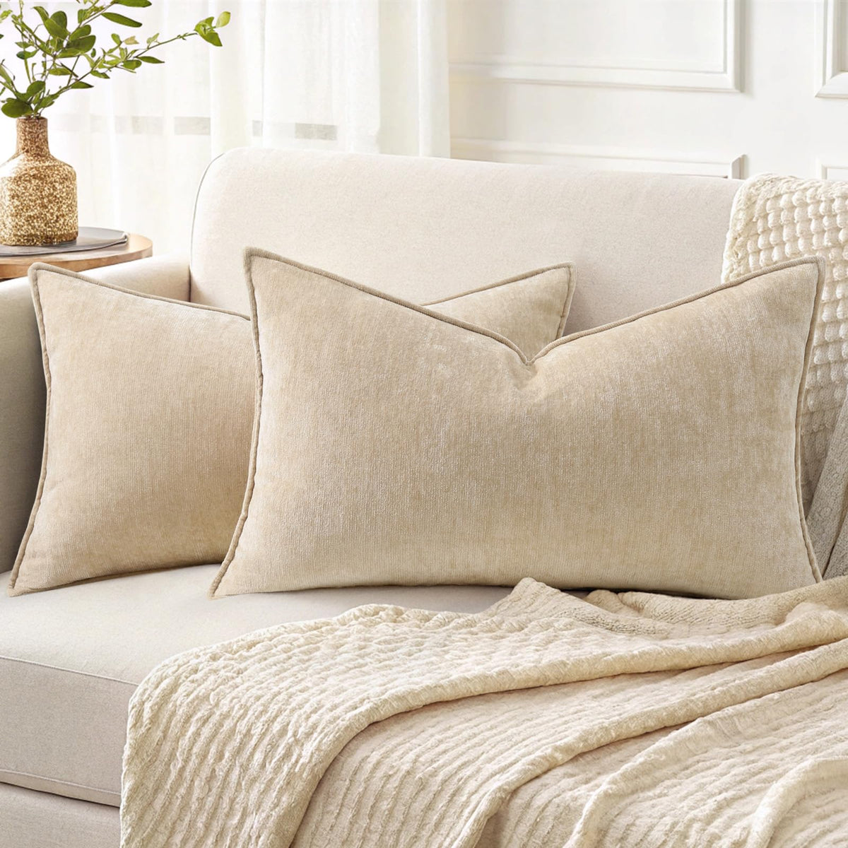 decorUhome Chenille Beige Velvet Throw Pillow Covers 20x20 Set of 2