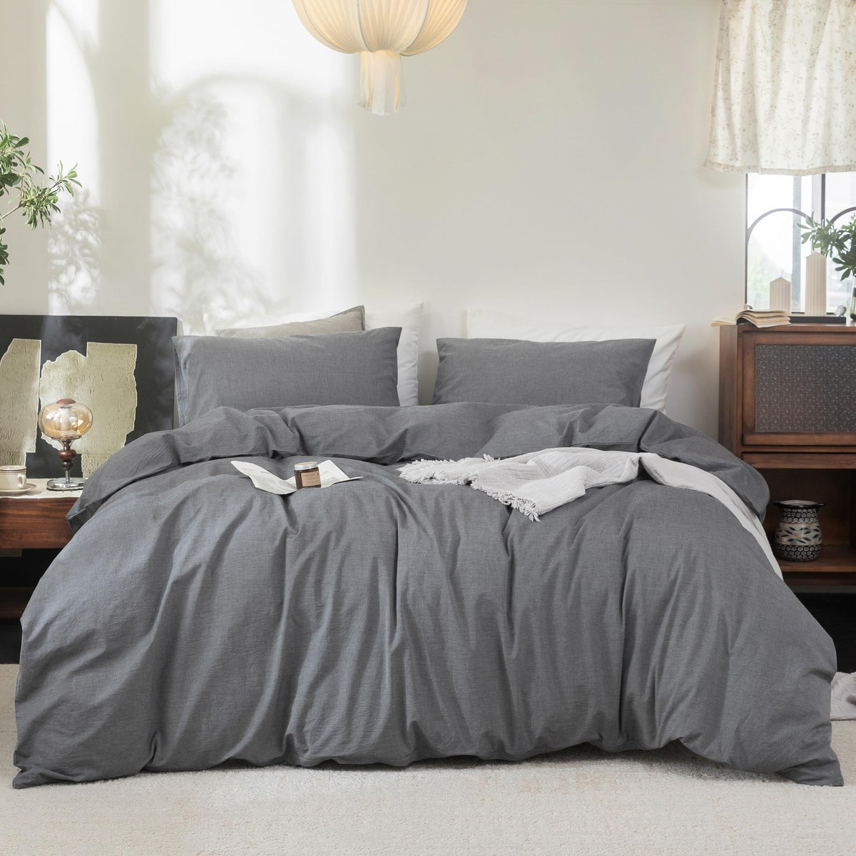 FOSSA Duvet Cover Set 100% Washed Cotton Linen Feel Queen