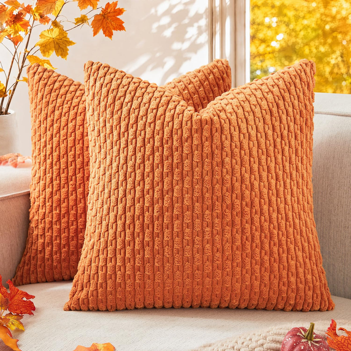Kevin Textile Soft Corduroy 18x18 Inch Pillow Covers 2 Pack, Burnt Brick