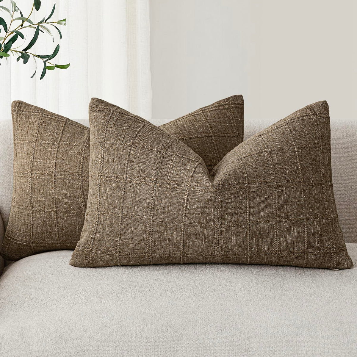 Foindtower Boho Linen Check Decorative Throw Pillow Cover 18×18 Olive Green