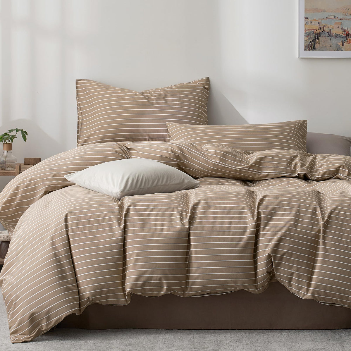 JELLYMONI 100% Cotton Classic Striped Queen Duvet Cover Set, Tan/White