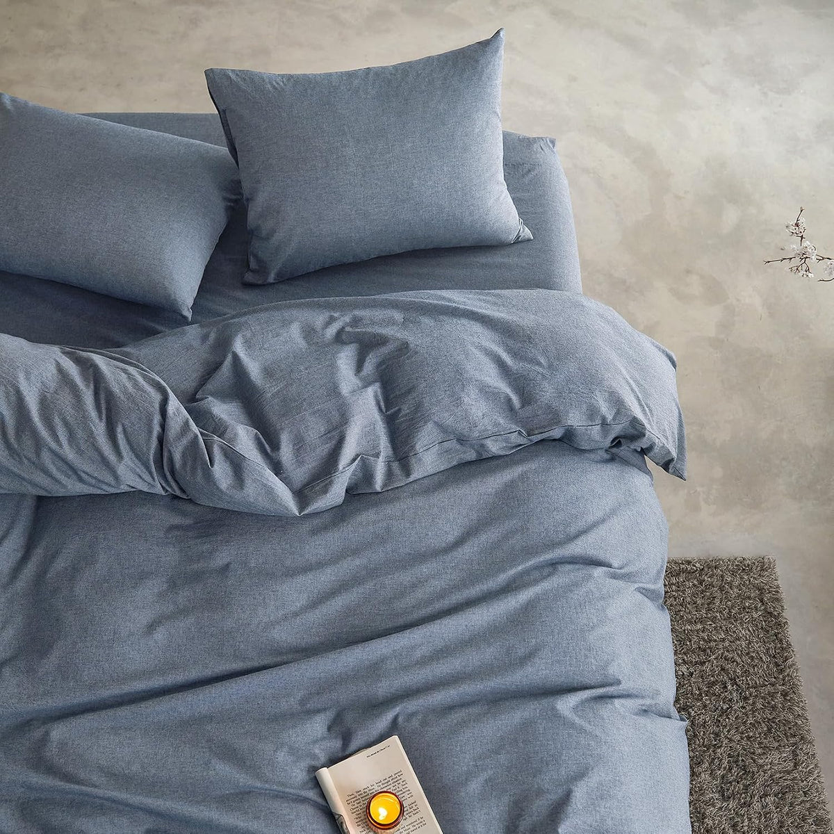 Wake In Cloud - Cotton Duvet Cover Set, 100% Washed Cotton, Linen Like Textured, Breathable Durable Comfy Farmhouse Neutral Bedding Set, 3 Pieces, Denim Blue, Queen Size