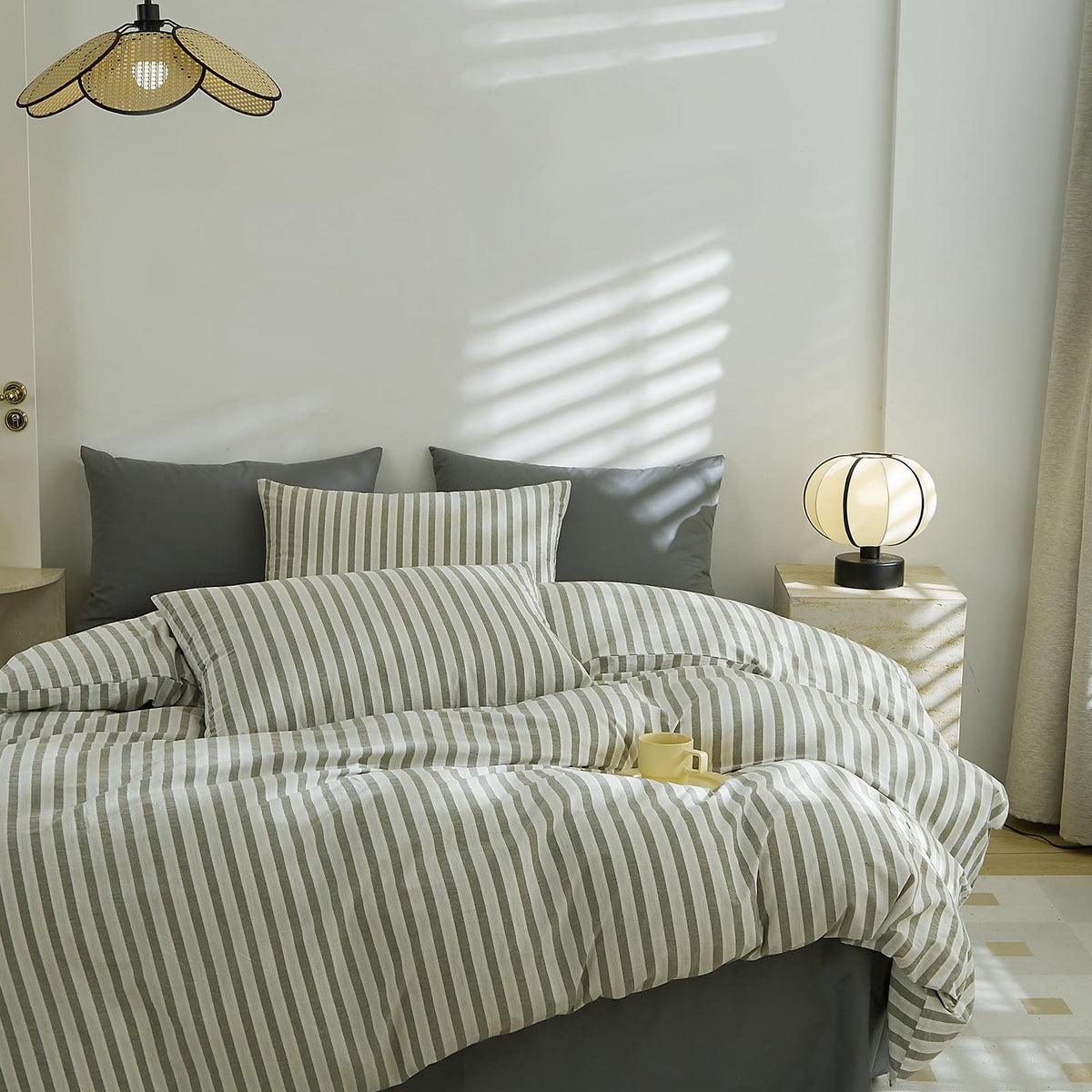 EAVD Retro Striped Duvet Cover Queen Soft 100% Washed Cotton Green Purple