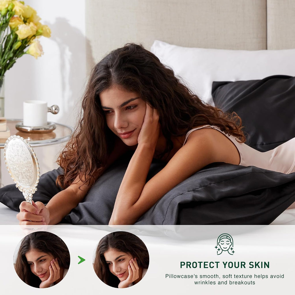 Love's cabin Satin Pillowcase Set of 2 Queen Size 20x30, Cooling Pillow Covers for Hair and Skin, Silky Smooth with Envelope Closure, Similar to Silk, Black