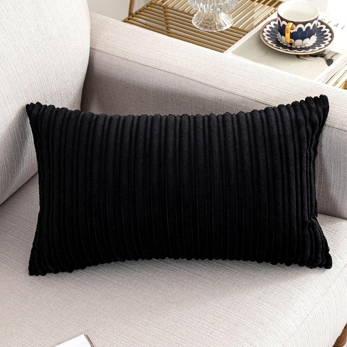 UGASA Velvet 12x20 Inch Lumbar Soft Throw Pillow Cover Boho Farmhouse Decorative Corduroy Striped Both Sides Solid Rectangular Cushion Case for Couch Bedroom Sofa Home, 1 Piece, Beige