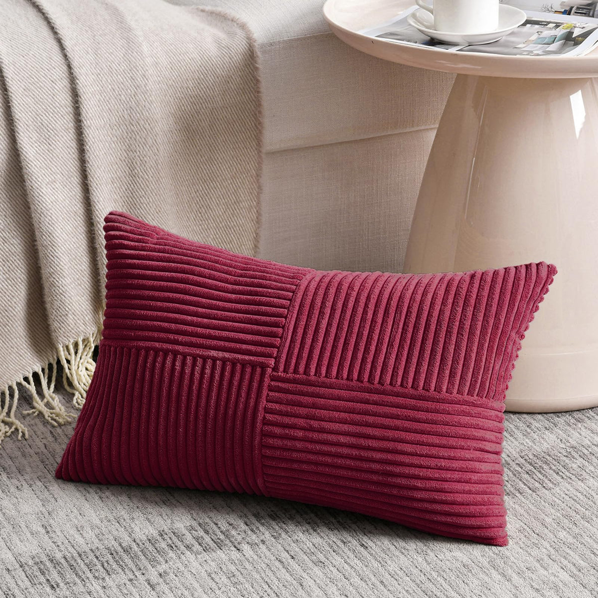 Fancy Homi Blush Pink Lumbar Decorative Throw Pillow Covers 12x20 Inch for Living Room Couch Bed, Rustic Farmhouse Boho Home Decor, Soft Striped Corduroy Rectangle Accent Cushion Case 30x50 cm