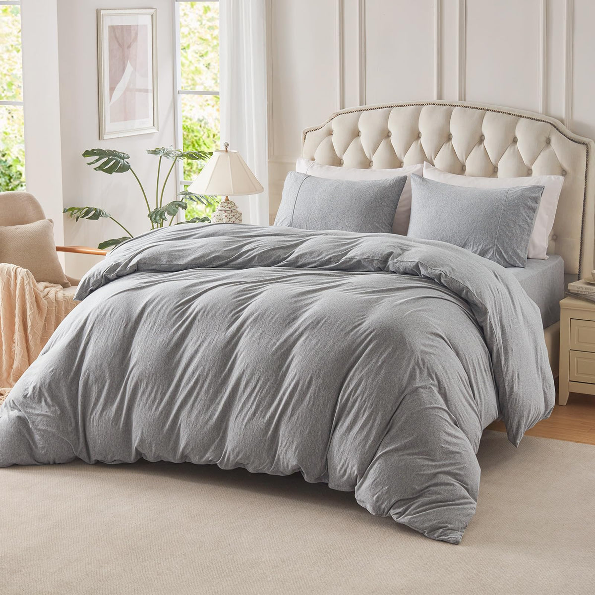 PURE ERA Jersey Knit Duvet Cover Set 100% T-Shirt Cotton Super Soft Comfy 3pc Bedding Set with Zipper Closure (Heather Beige, Queen)