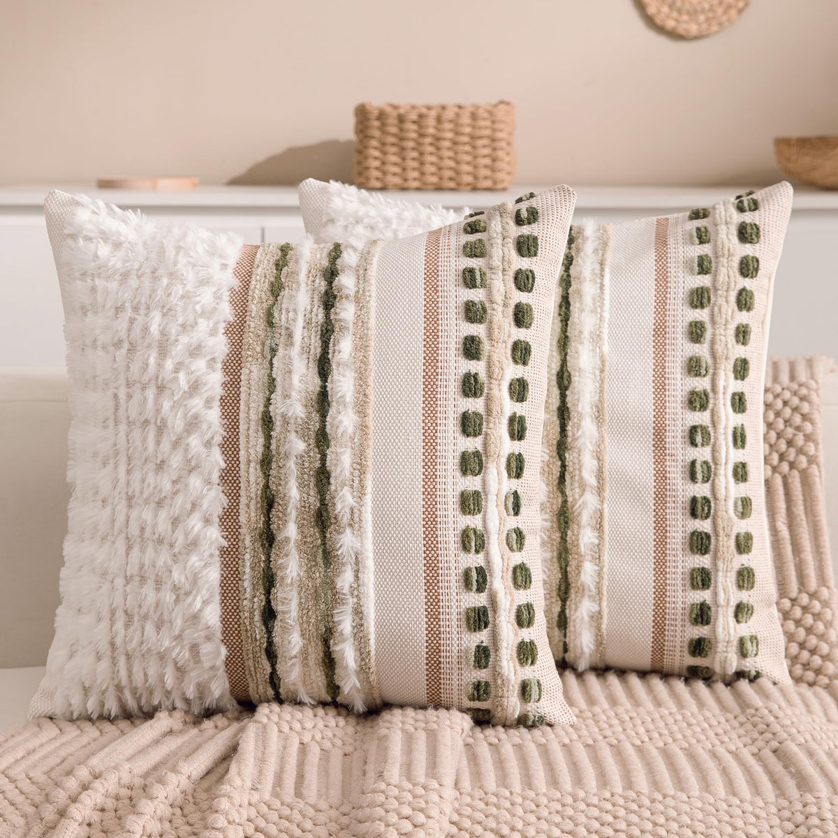 Boho Chenille Tufted Couch Throw Pillow Covers 18x18 Inch Set of 2 Farmhouse Striped Decorative Pillow Covers Accent Neutral Pillowcase Teal Cushion Cover for Living Room Sofa Bed