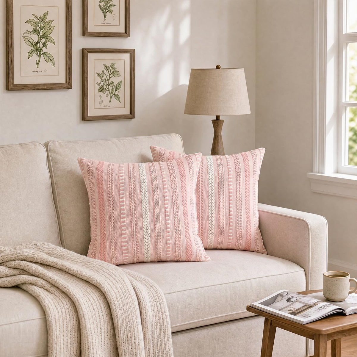 AVOIN colorlife Pink Boho Decorative Throw Pillow Covers Set of 2, 18 x 18 Inch Woven Stripe Textured Rustic Cushion Case Home Decor for Living Room Couch Sofa