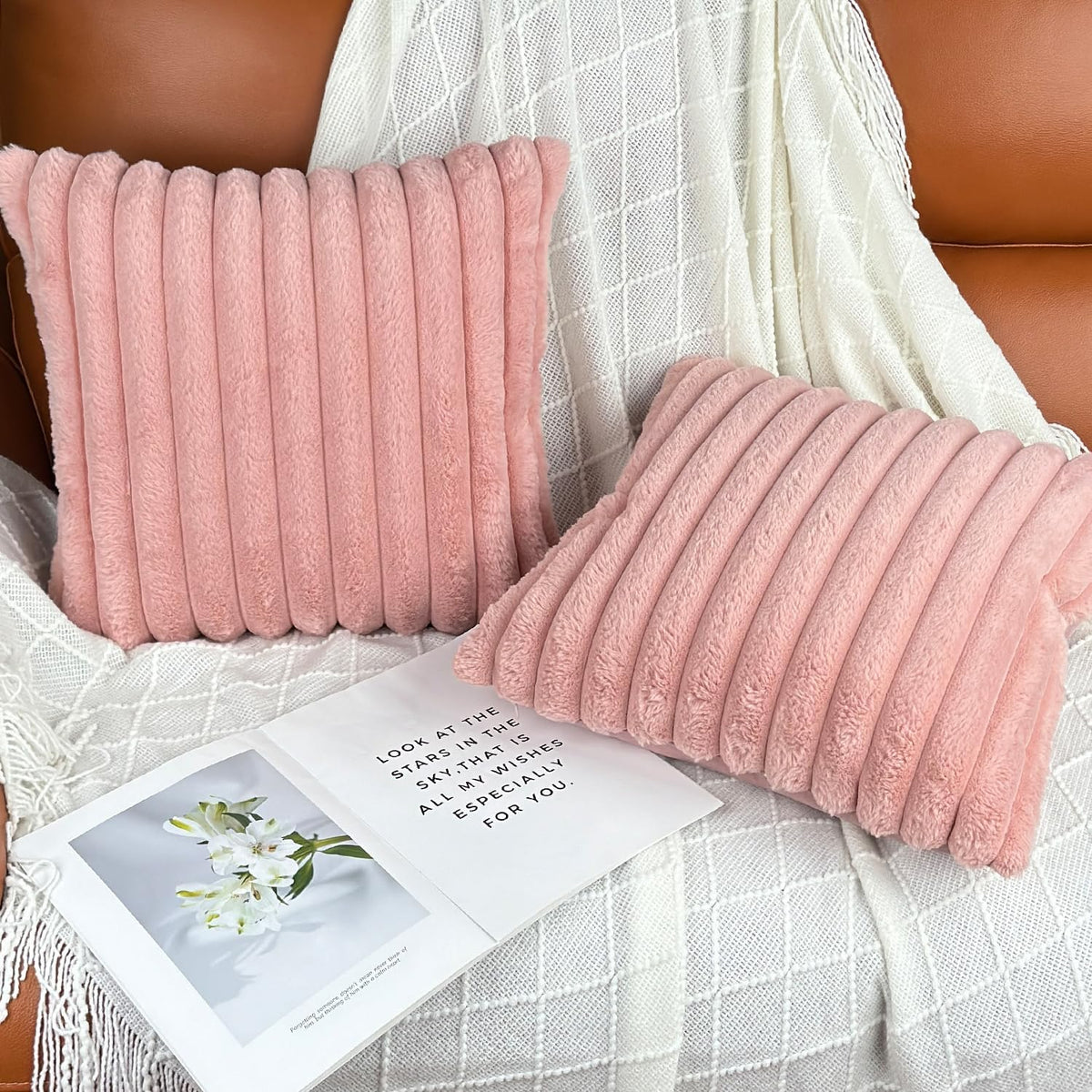 COTEY 18x18 Decorative Faux Fur Throw Pillow Covers Set of 2- Pink