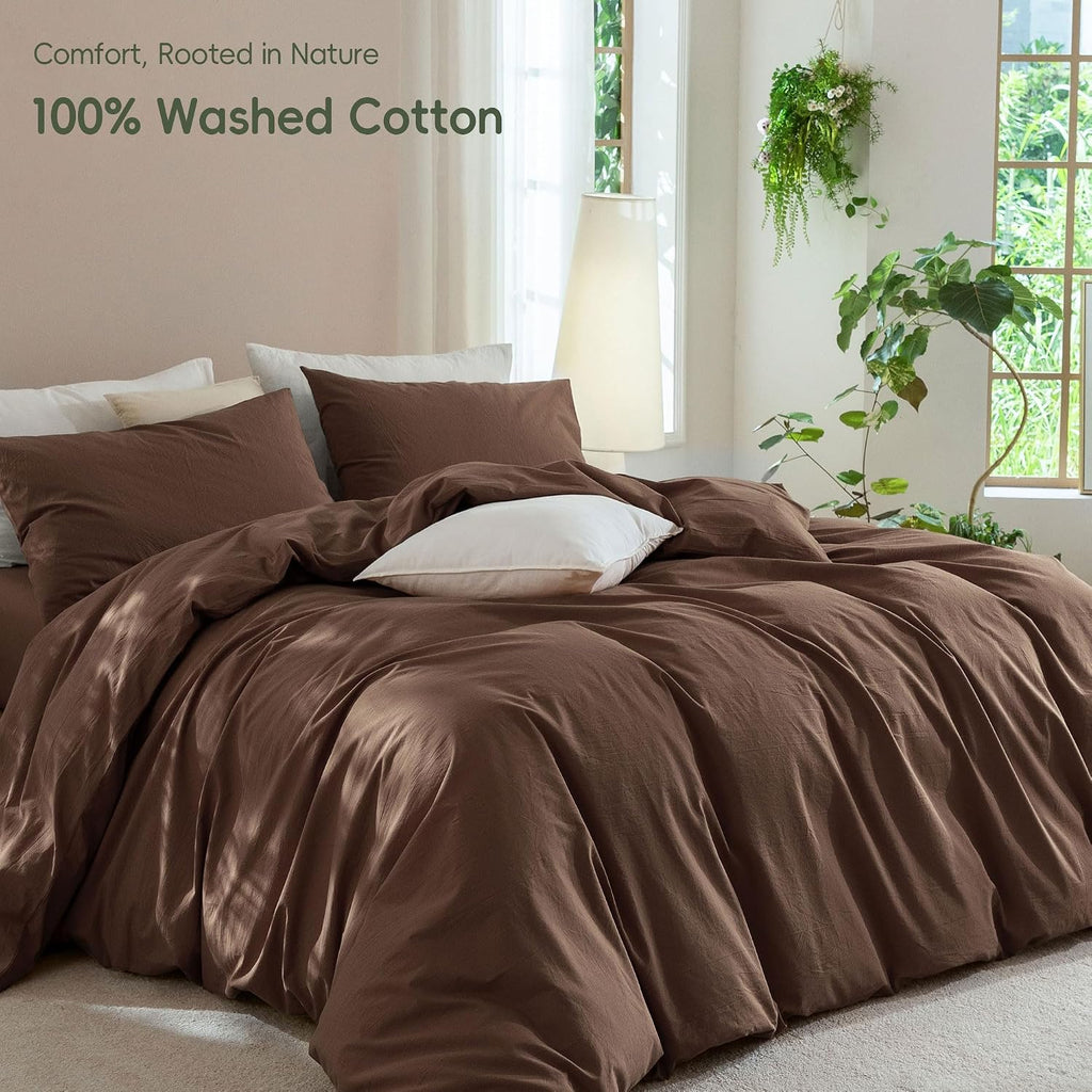 JIYUAN Queen Washed Cotton Duvet Cover Set, 3-Piece, Relaxed Linen Feel