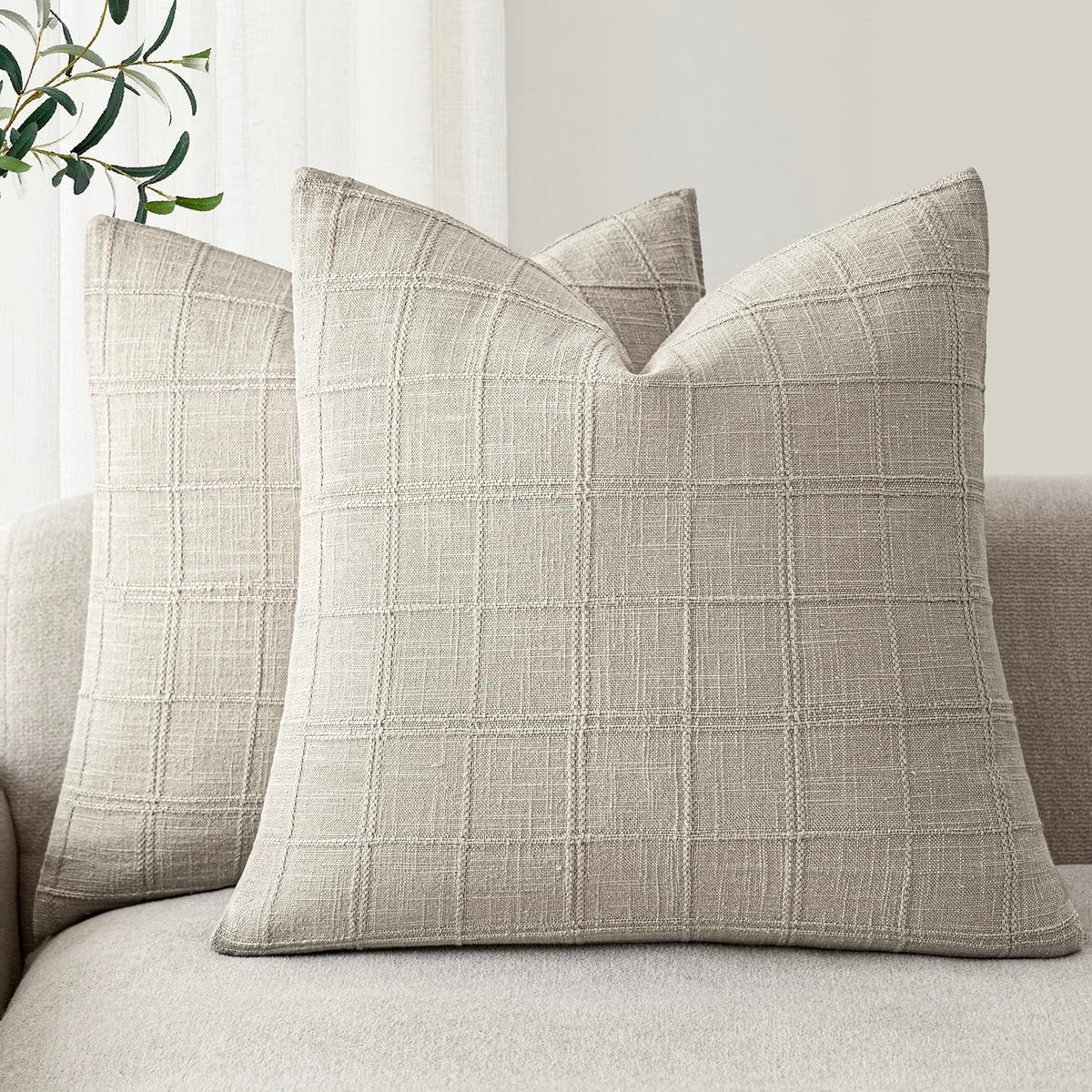 Foindtower Boho Linen Check Decorative Throw Pillow Cover 18×18 Olive Green